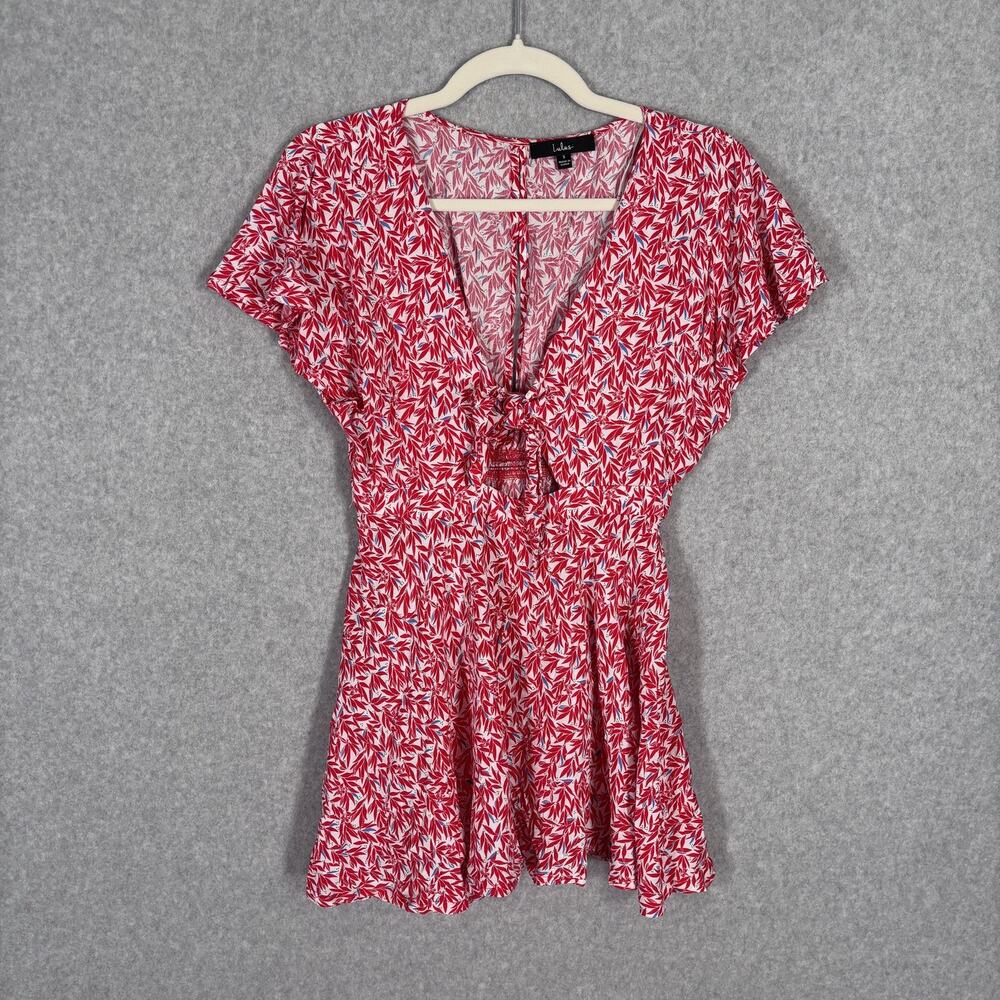 Lulus Romper Small Red Leaf Print Tie Front Flowy Dondi Romantic Vacation Resort
